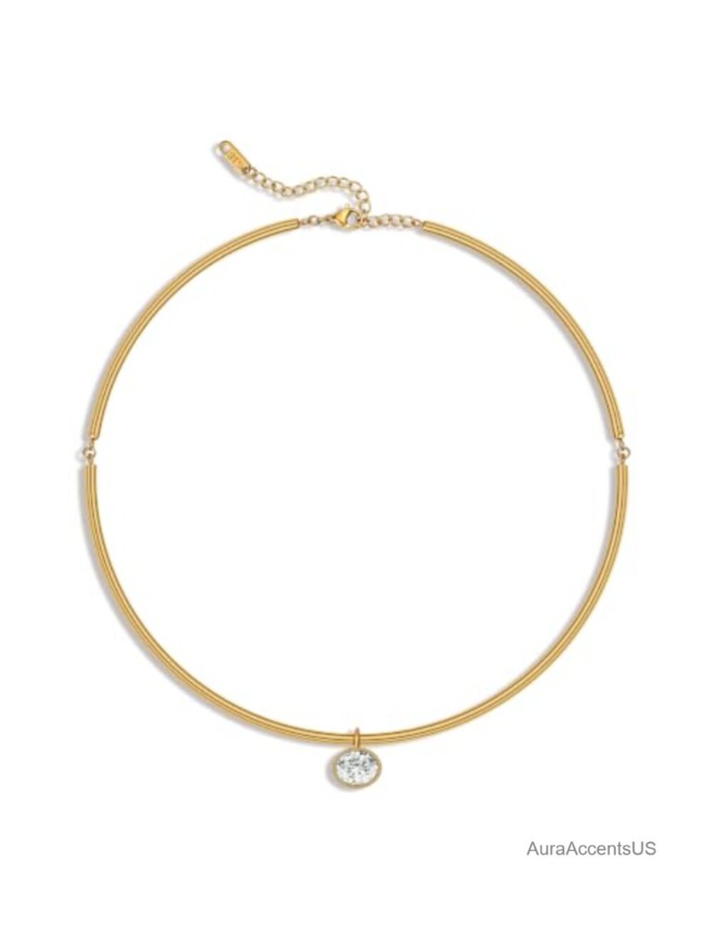 Gold Plated Stainless Steel Choker Necklace Cubic Zirconia Bezel Charm